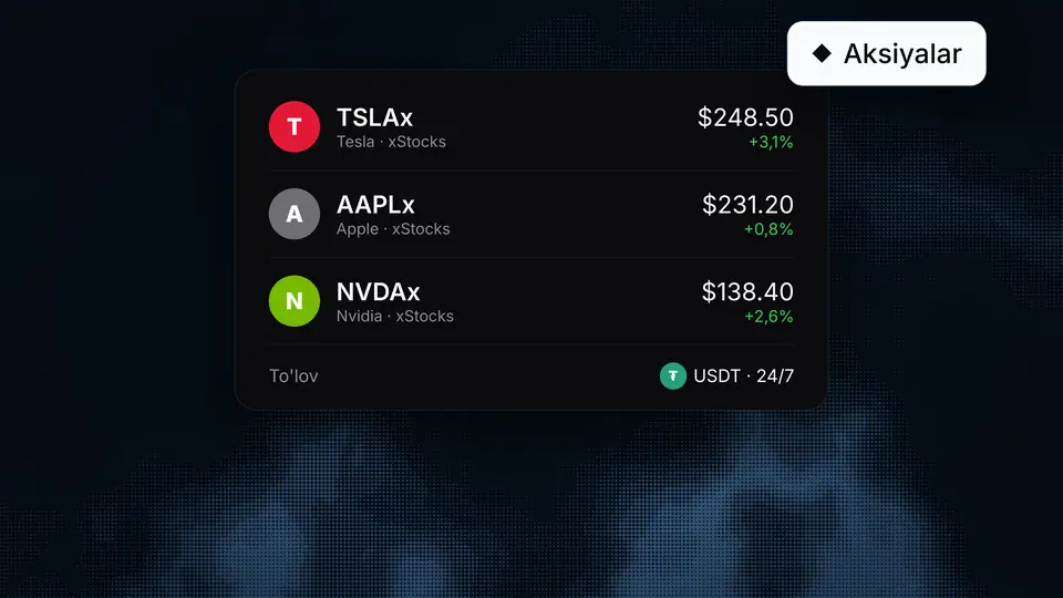 USDT balansidan Tesla, Apple, Nvidia tokenlashtirilgan aksiyalari (xStocks)